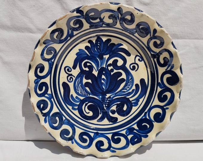 Traditional Blue Painted Clay Plate, Transylvania Pottery, Folk Plate, Antique Peasant Plate