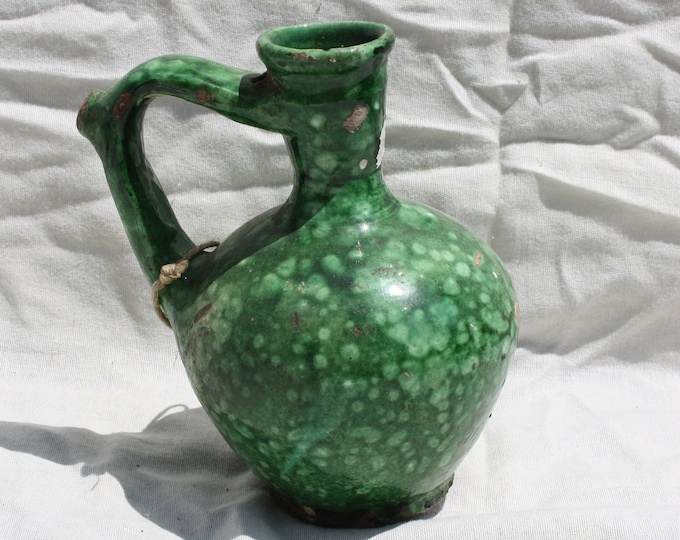 Traditional Hungarian Folk Spalshed Glazed Ceramic Pitcher, Traditional Little Stoneware Water Rattle Jug