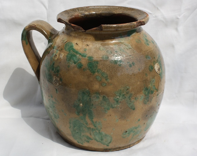 Huge Antique Marble Glazed Folk Pitcher, Folk Bottle, Handpainted Jug, Faience Jug, Folk Ewer