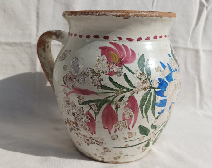 Antique Folk Traditional White Glazed Pitcher, White Stoneware Jug with Flower