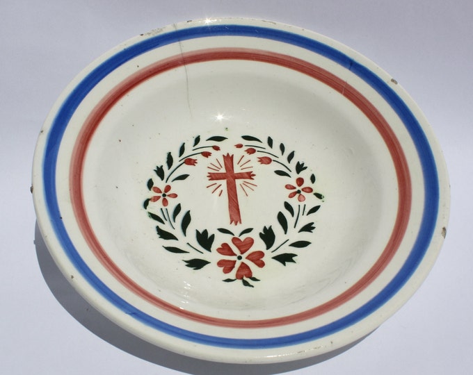 Antique Hollohaza Plate, Hungarian Pottery, Folk Plate, Antique Peasant Plate, Crucifix Plate