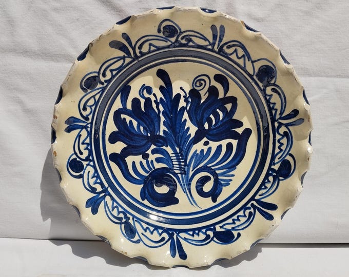 Traditional Blue Painted Clay Plate, Transylvania Pottery, Folk Plate, Antique Peasant Plate