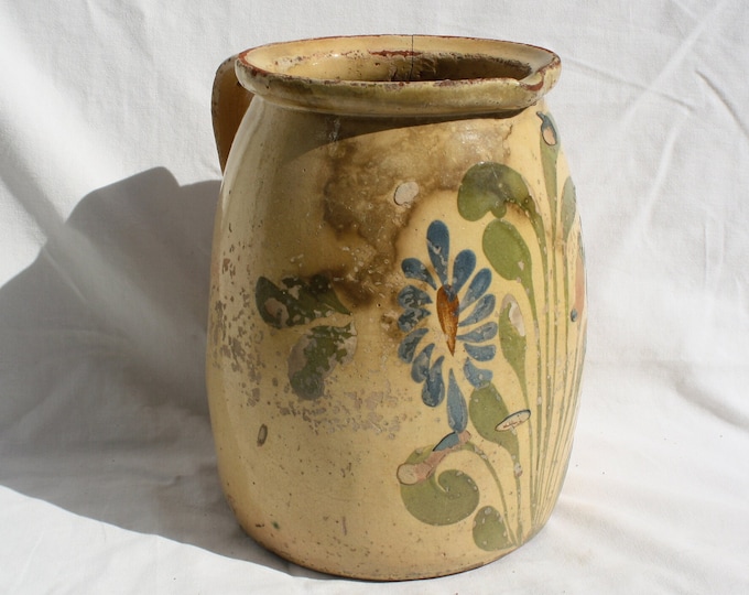 Antique Folk Stoneware Pitcher, Flower Decorated Old Water Jug