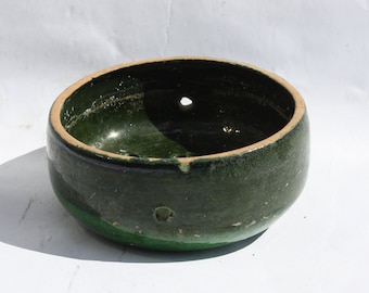Antique Traditional Folk Farmhouse Stoneware Green Glazed Antique Little Bowl With Holes, Folk Hungarian Pottery