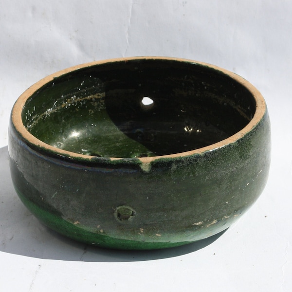 Antique Traditional Folk Farmhouse Stoneware Green Glazed Antique Little Bowl With Holes, Folk Hungarian Pottery