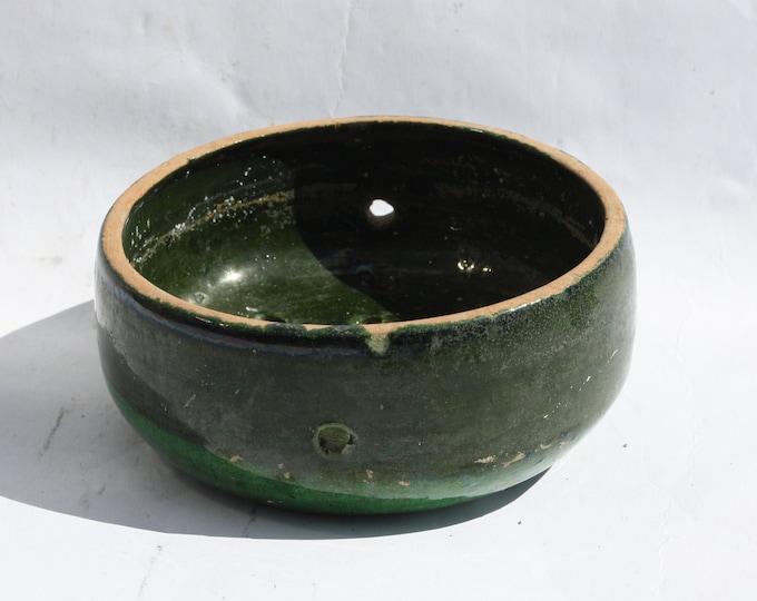 Antique Traditional Folk Farmhouse Stoneware Green Glazed Antique Little Bowl With Holes, Folk Hungarian Pottery