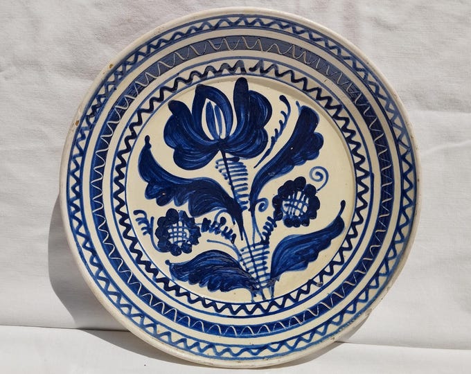 Antique Blue Traditional Transylvania Plate, Folk Designed Korond Plate