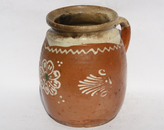 Traditional Brown Flower Decorated Jug, Terracotta milk Jug, Folk Pitcher, Vintage Ewer, Ceramic Pitcher, Ceramic Potter, Milk Bowl