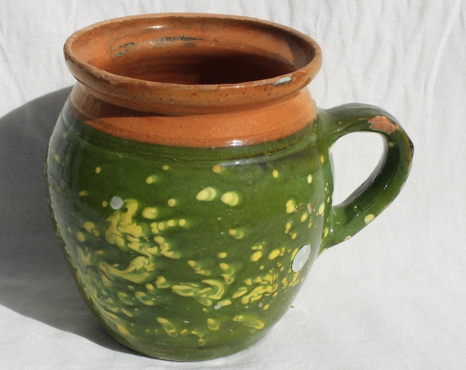 Antique Folk Traditional Splashed Glazed Green Milk Pitcher, Stoneware Jug