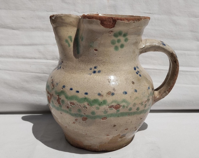 Antique Folk Traditional Glazed Pitcher, Flower Designed Vase Jug