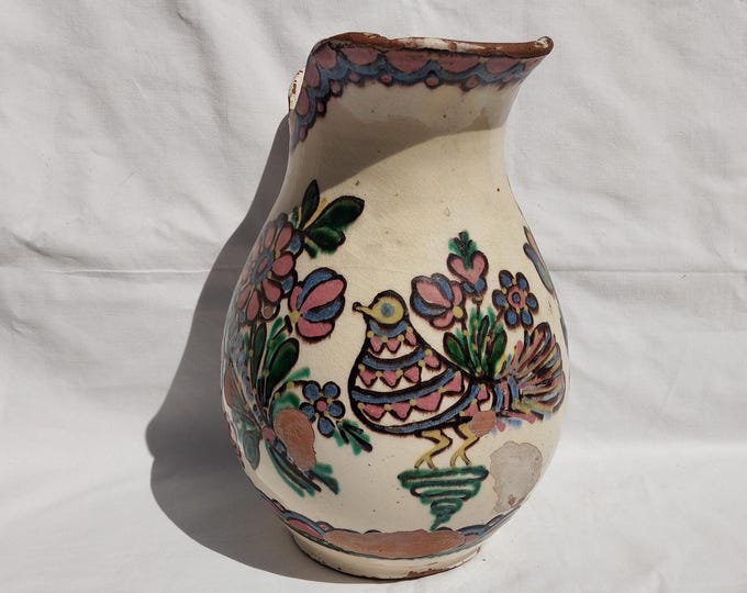 Antique Hungarian White Huge Water Jug with Bird Design, Folk Rural Country Style Pitcher