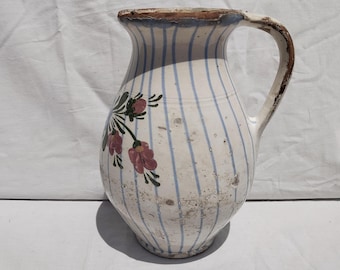 Folk Pottery, Line Decorated Folk Pitcher, Stoneware Bottle, Handpainted Jug, Faience Jug, Folk Ewer