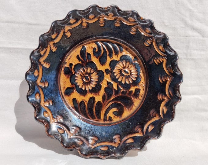 Ceramic Carved Plate, Hungarian Traditional Pottery Clay Plate, Wheat Design, Antique Peasant Plate