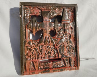 Vintage Red Glazed Tile Stove: Hungarian Art Ceramic, Cavalry Scene
