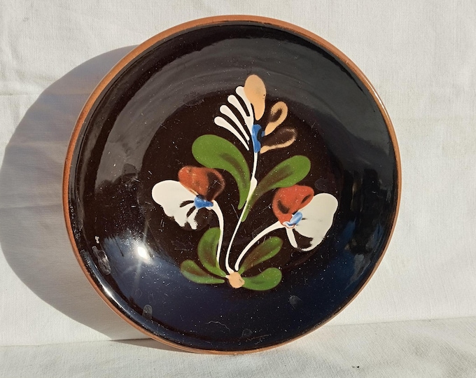 Traditional Hungarian Folk Pottery Little Dark Brown Plate, Vintage Peasant Flower Little Plate