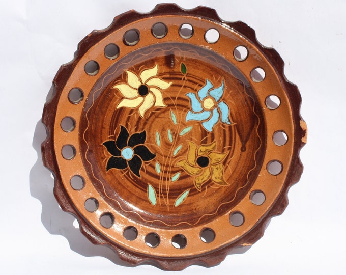 Folk Traditional Reticulated Plate, Hungarian Pottery Terracotta Wall Plate