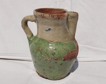 Antique Folk Ceramic Pitcher, Traditional Green Glazed Stoneware Milk Jug