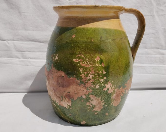 Antique Folk Traditional Splashed Glazed Green Milk Pitcher, Stoneware Jug