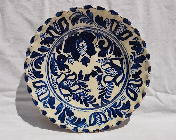 Traditional Blue Painted Clay Plate, Transylvania Waved Edge Pottery, Folk Plate, Antique Peasant Plate