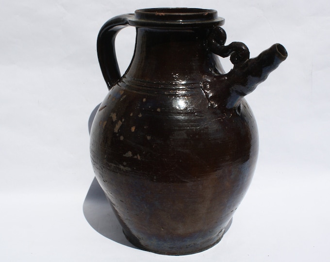 Antique Brown Wine Pitcher with side Spout from early 20th century Antique Water Jug, French Style Faience Jug