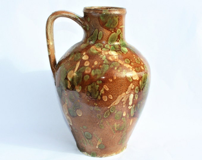 Huge Antique Splashed Glazed Folk Pitcher, Folk Bottle, Handpainted Jug, Faience Jug, Folk Ewer