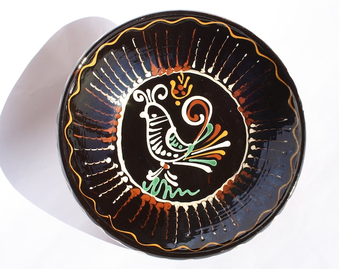 Traditional Hungarian Folk Pottery Plate, Vintage Peasant Flower Plate