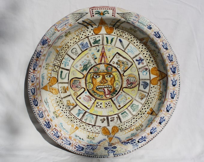 Huge Traditional Central America Folk Indian Style Terracotta Plate, Rural Country Wall Hanging