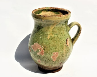 Green Glazed Stoneware Splashed Glazed Folk Pitcher, Antique Hungarian Traditional Water Jug