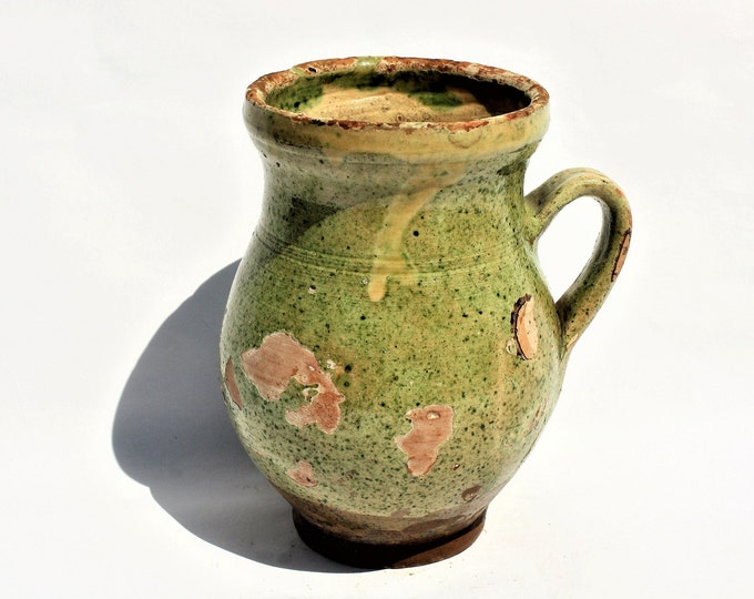 Green Glazed Stoneware Splashed Glazed Folk Pitcher, Antique Hungarian Traditional Water Jug