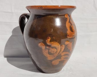 Antique Handpainted Folk Pottery Jug - 1940s Brown Jar