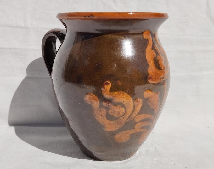 Antique Dark Brown Folk Jar, Folk Pottery Bottle, Handpainted Jug, Brown Jar