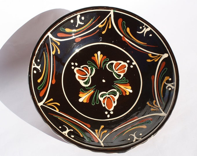 Traditional Hungarian Folk Pottery Plate, Vintage Peasant Flower Plate