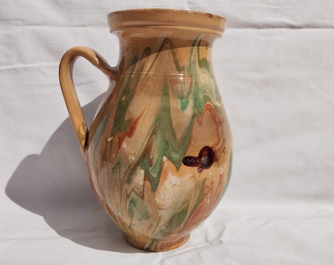 Antique Marble Glazed Folk Pitcher, Folk Bottle, Handpainted Jug, Faience Jug, Folk Ewer