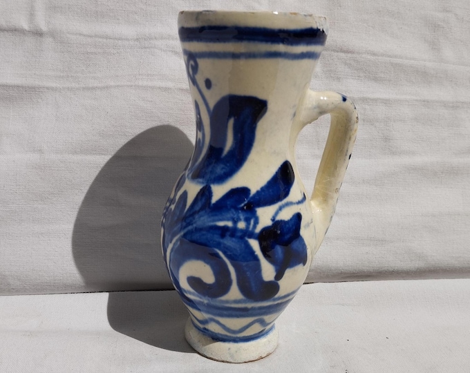 Traditional White Blue Ceramic Transylvania Vase, Antique Handpainted Blue Pottery