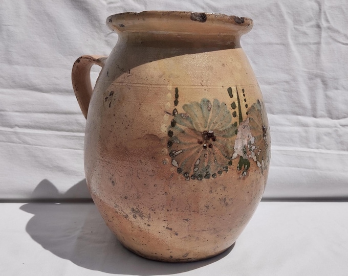 Antique Folk Stoneware Pitcher, Flower Decorated Orange Water Jug