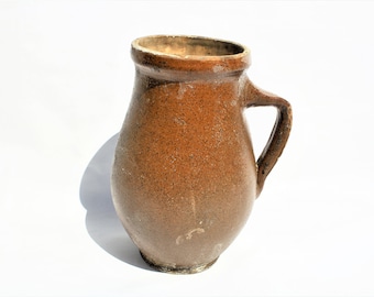Antique Folk Stoneware Pitcher: Brown Salt Glazed Ewer
