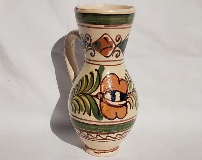 Hungary Folk Handpainted Water Jug, Flower Designed Pitcher