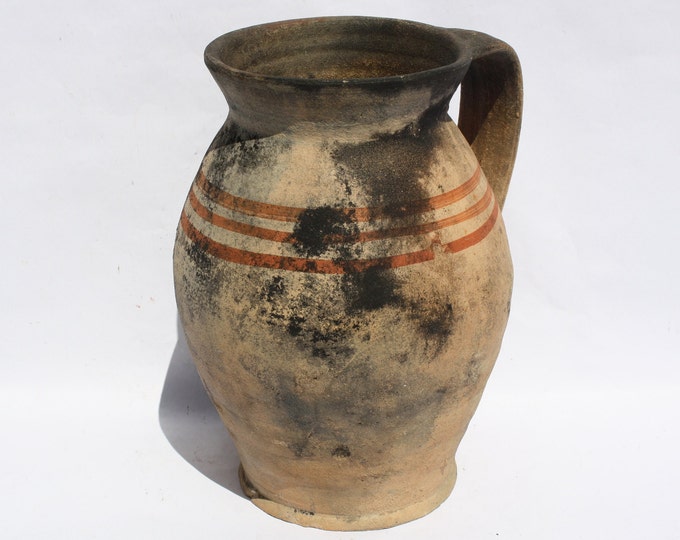 Antique Stoneware Folk Water Jug, Ethnographic Ceramic Pottery Milk Jug