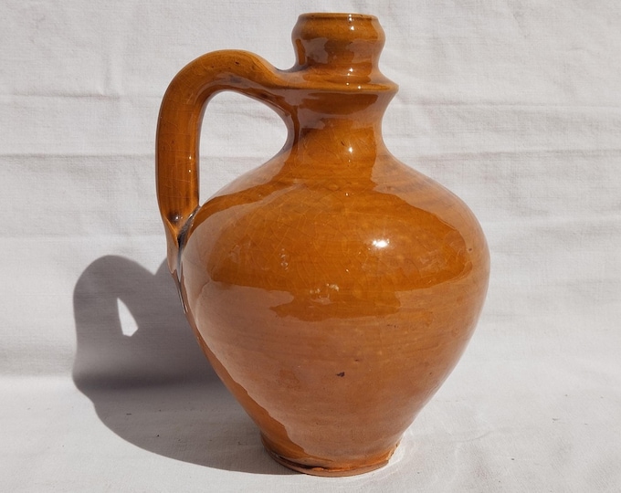 Antique Folk Stoneware Pitcher, Flower Decorated Orange Water Jug