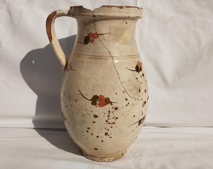 Antique Folk Traditional White Glazed Pitcher, Flower Designed Transylvania Milk Jug