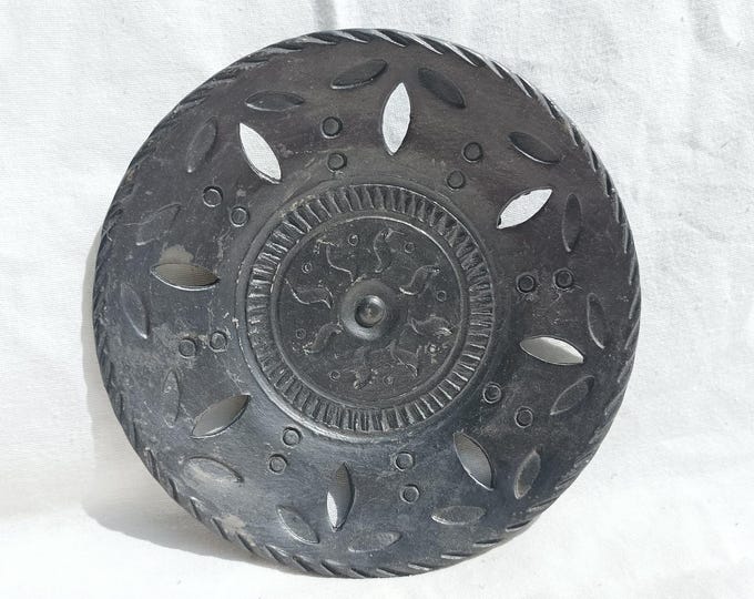Vintage Black Wall Plate, Wall Hangings, Folk Art, Reticulated Carved Plate