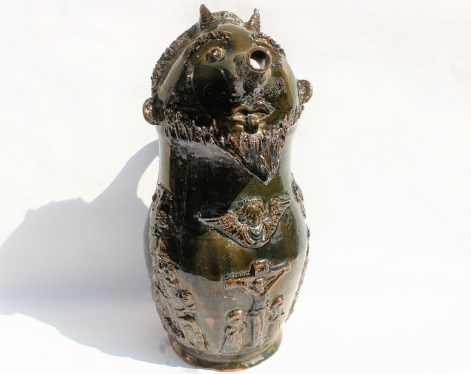 Austria - Hungary Huge Green Lead Glazed Green Water Pitcher Fratzenkrug from middle 19th century, Master Table Relief Jug