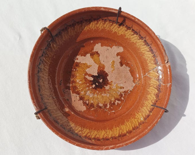 Antique Traditional Hungarian Folk Pottery Plate, Vintage Peasant Glazed Plate
