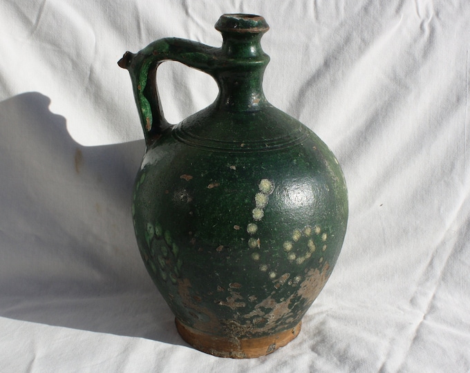 Green Glazed Heavy Stoneware Folk Pitcher, Antique Hungarian Traditional Water Jug