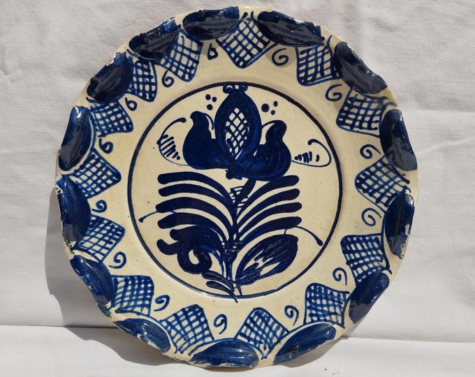 Traditional Blue Painted Clay Plate, Transylvania Pottery, Folk Plate, Antique Peasant Plate