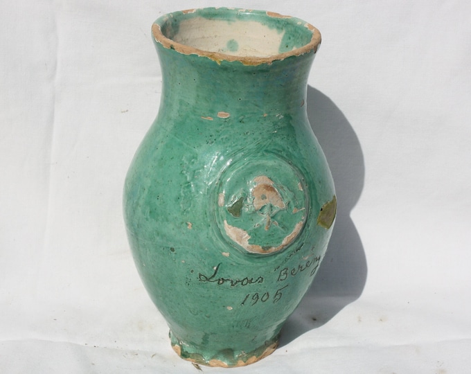 Antique Hundred Years Old Firefighter Memory Mug, Green Glazed Hungarian Folk Jug