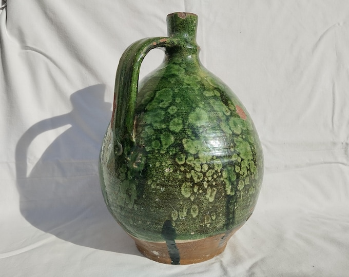 Huge Antique Marble Glazed Folk Green Pitcher, Folk Bottle, Handpainted Jug, Faience Jug, Folk Ewer