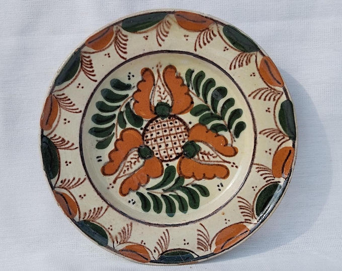 Vintage Old Folk Clay Plate, Transylvania Pottery, Folk Art Pottery, Antique Peasant Plate, Flower Plate