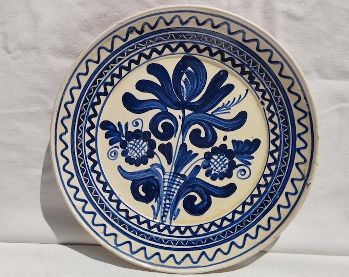 Antique Blue Traditional Transylvania Plate, Folk Designed Korond Plate