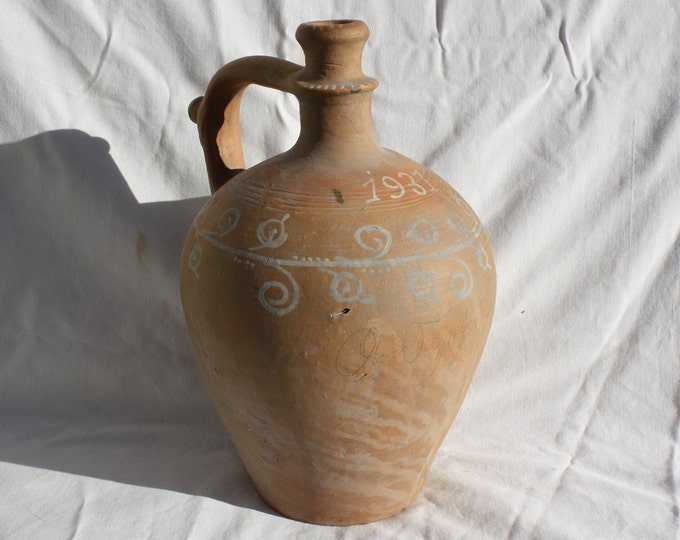 Folk Pitcher, Antique Ewer, Ceramic Unglazed Line Decorated Pitcher, Ceramic Pottery, Folk Jar Dated from 1931